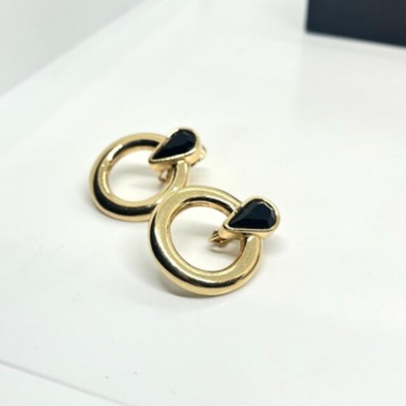 SAL VINTAGE SWAROVSKI GOLD TONE BLACK CRYSTAL EARRINGS MODERNIST CLIP ON CIRCLE - Picture 7 of 16
